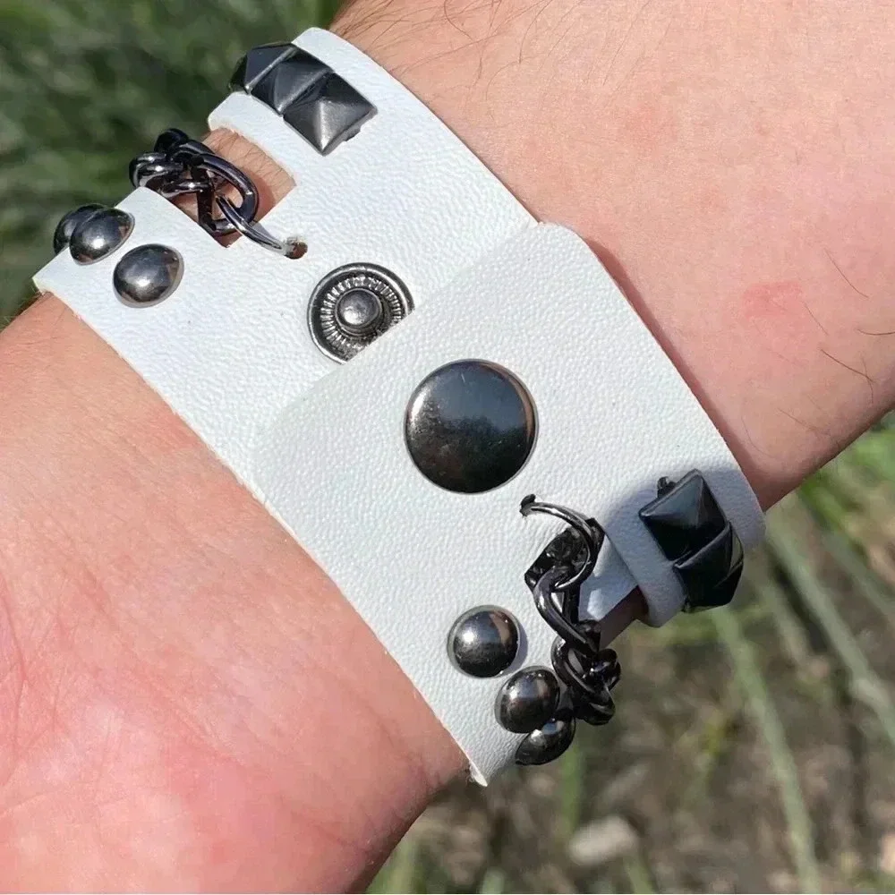 White Leather Punk Goth Rock Studded Chain Metal Stud Snap Chain Cuff Bracelet